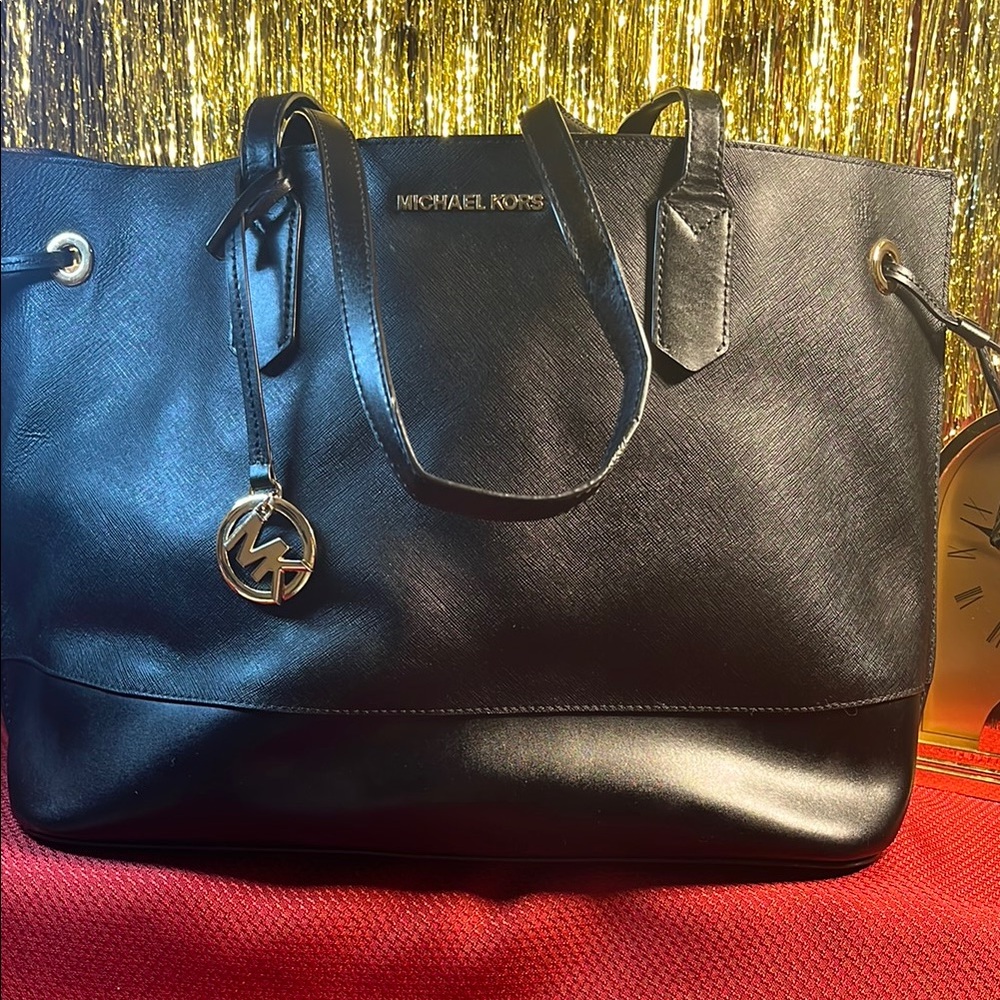 Michael Kors Black Leather Tote with Metallic Charm